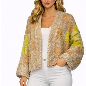 Oversized Cozy Sweater Sz Lg Fuzzy Warm Comfy Fluffy Long Checkered Beige Colors